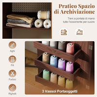 Mobile per Macchina da Cucire Pieghevole, Tavolo da Cucito con Stazione di Ricarica, Ruote Bloccabili, Ripiano e Contenitori (Marrone Scuro, 116 x 41 x 78 cm)