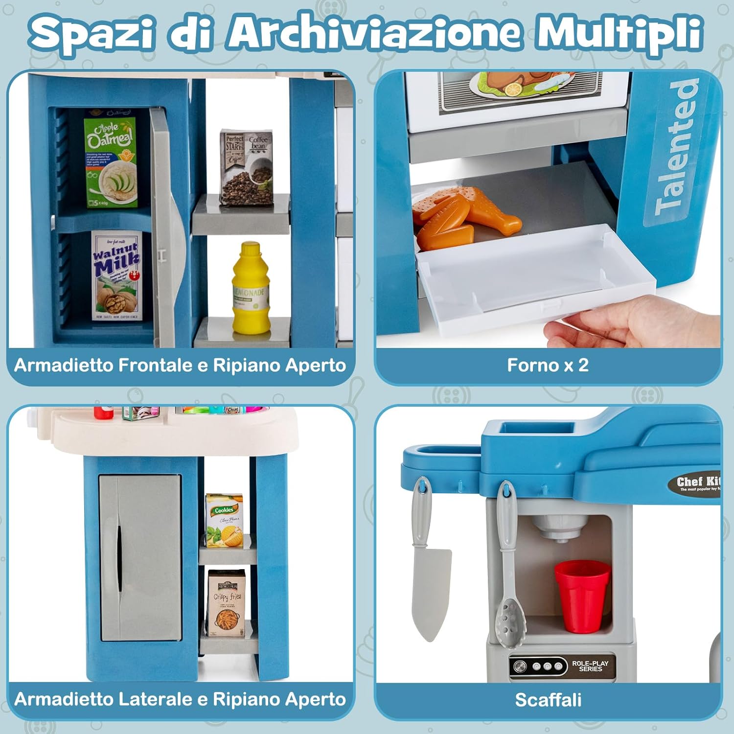 Cucina Giocattolo con Set di Accessori Cibo e Utensili, Cucina per Bambini con Suoni e Luci, Lavandino, Rubinetto, Scaffali, Forni e Fornelli, per Bambini 3+ Anni (Blu)