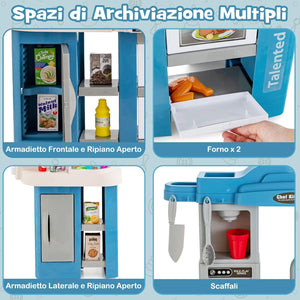 Cucina Giocattolo con Set di Accessori Cibo e Utensili, Cucina per Bambini con Suoni e Luci, Lavandino, Rubinetto, Scaffali, Forni e Fornelli, per Bambini 3+ Anni (Blu)