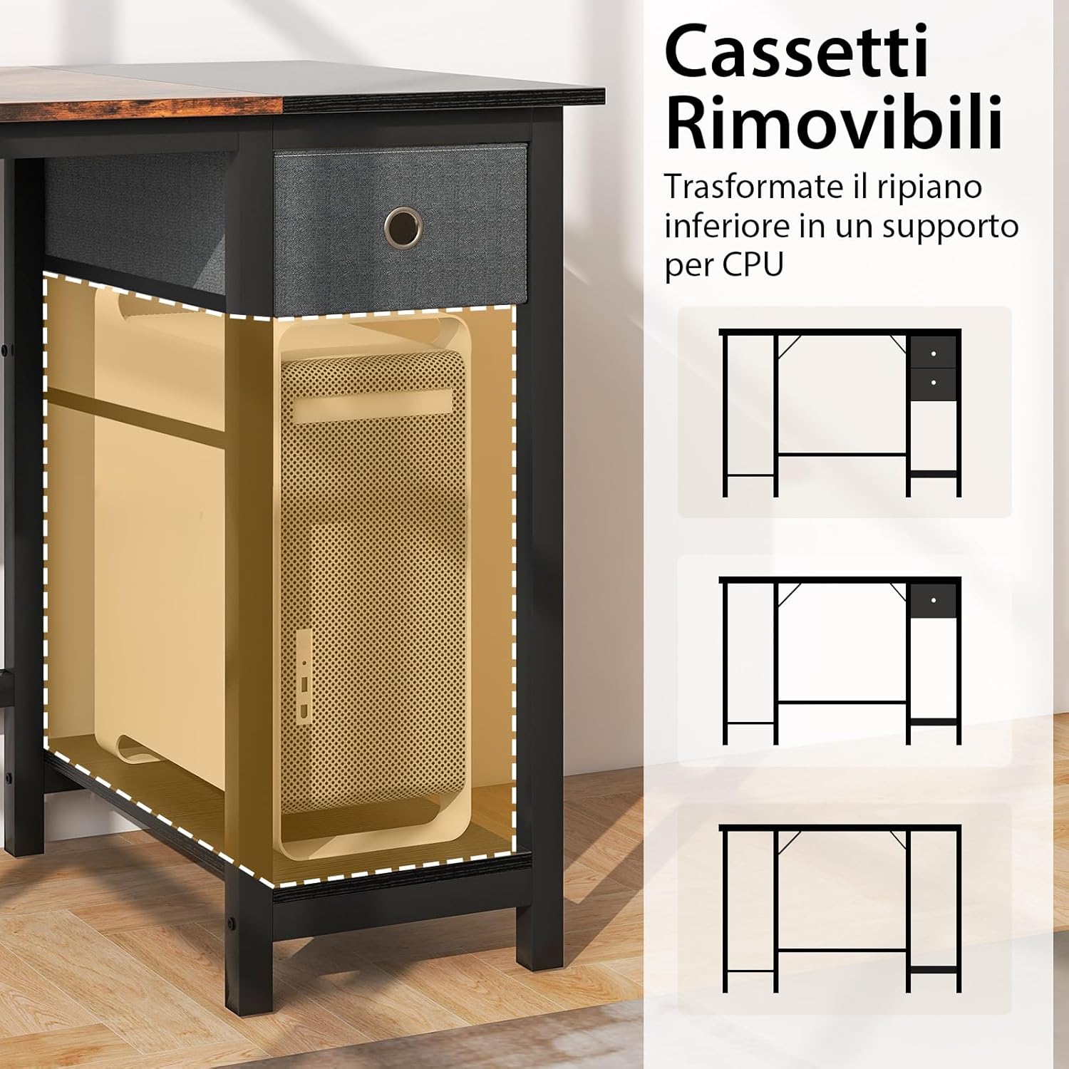 Scrivania da 120CM/140CM, Scrivania con 2 Cassetti, Gancio e Ripiano, Scrivania Moderna e Multiuso per Studio, Ufficio e Camera da Letto, Marrone Rustico e Nero (140 x 75 x 60 cm)