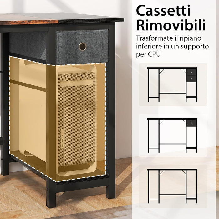 Scrivania da 120CM/140CM, Scrivania con 2 Cassetti, Gancio e Ripiano, Scrivania Moderna e Multiuso per Studio, Ufficio e Camera da Letto, Marrone Rustico e Nero (140 x 75 x 60 cm)
