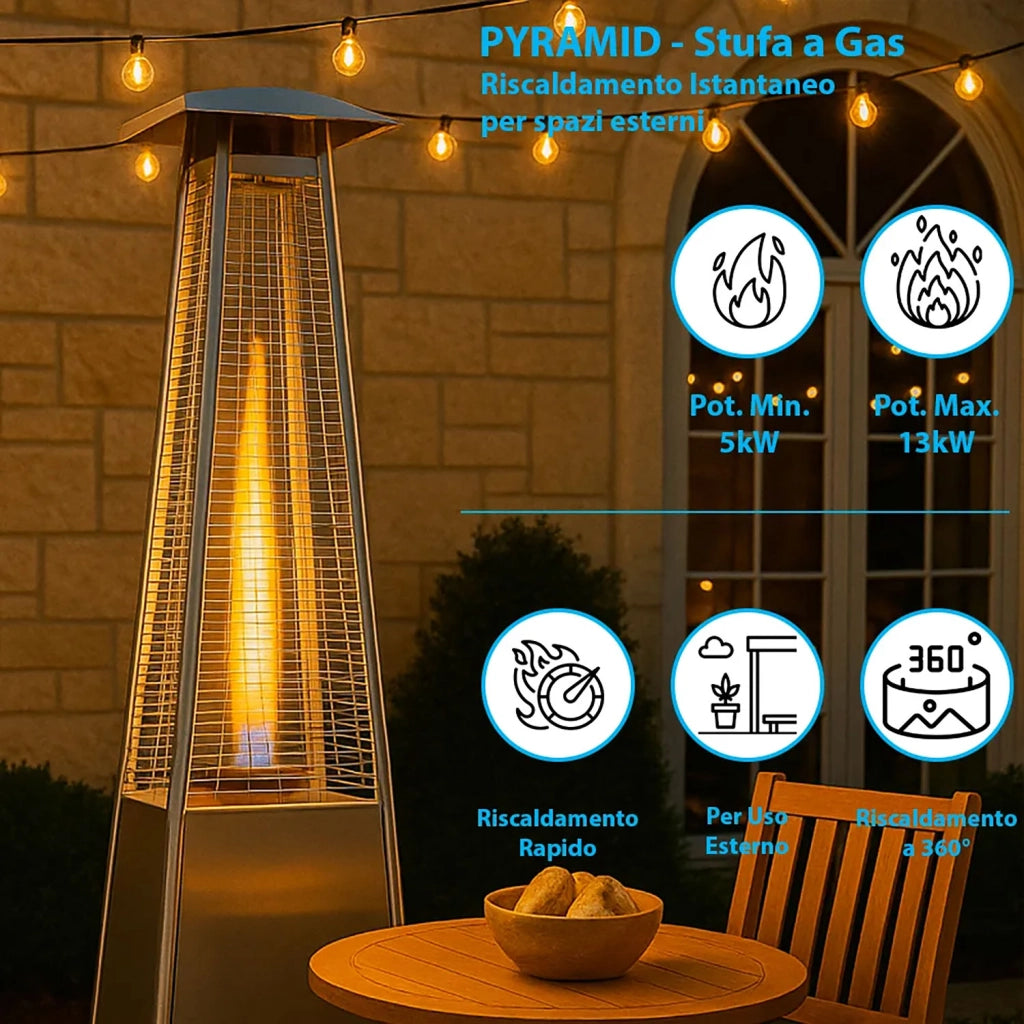 Stufa a Fungo a Gas Max 13kW Fiamma Viva Verticale 52x52x227 cm Pyramid Acciaio