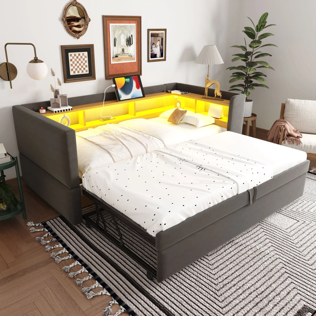 OKWISH Letto Divano 90×190 cm e 180×190 cm, Letto Singolo con LED Regolabile, Prese e Mensole, senza Materasso, in Flanella, Grigio Scuro