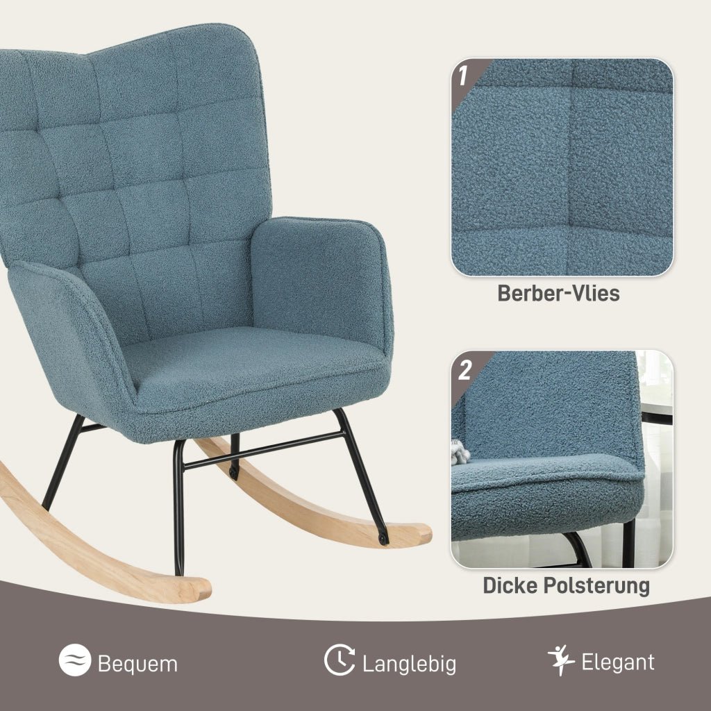 Sedia a dondolo relax con schienale alto braccioli e base in legno per soggiorno e camera da letto in poliestere azzurro