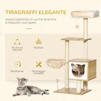 Tiragraffi per Gatti con 2 Pali, Casetta, Amaca, Lettino e 2 Palline, in Legno, Pile e Sisal, 48x40x126 cm
