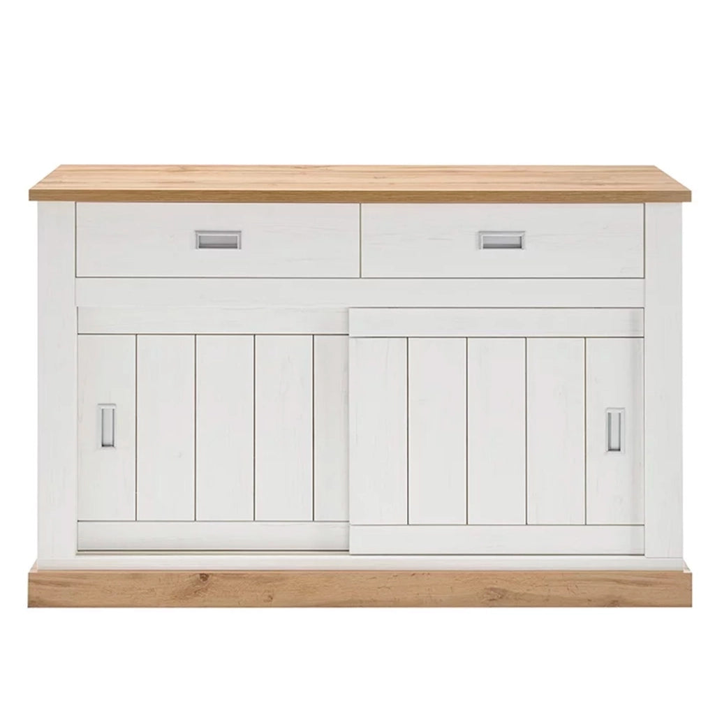 Mobile Soggiorno Madia Con 2 Cassetti 2 Ante Scorrevoli E 4 Ripiani Interni Credenza Design Minimal Shabby Chic Per Sala Da Pranzo Zona Living 150 X 50 X 95.5 Cm Bianco E Rovere