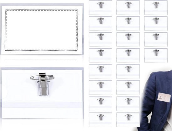 Set di 20 etichette per abbigliamento ecosostenibile - contenitore ID trasparente - clip e badge - carta bianca - 9 x 56 cm - riutilizzabile - accessori per conferenze