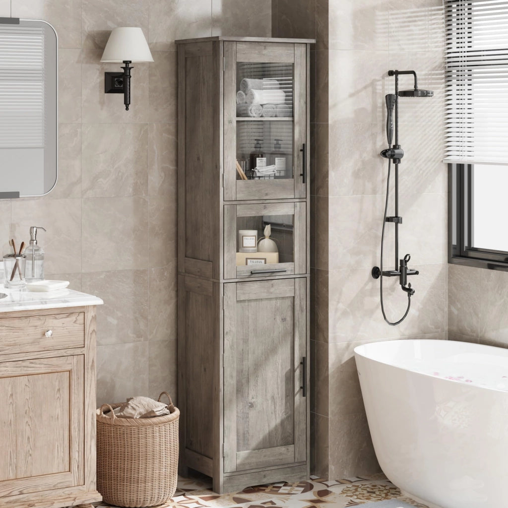 Mobiletto Bagno Alto e Slim 170cm in MDF Grigio, 4 Vani e 1 Cassetto