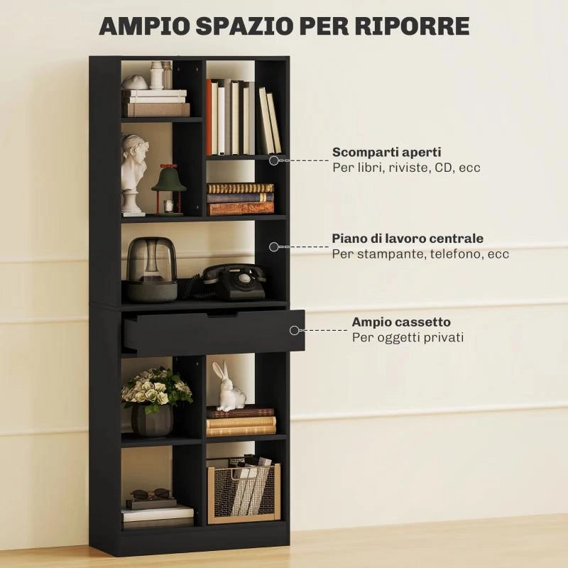 LIBRERIA MODERNA IN LEGNO CON CASSETTO CENTRALE E KIT ANTIRIBALTAMENTO, 60X26X158 CM, NERO