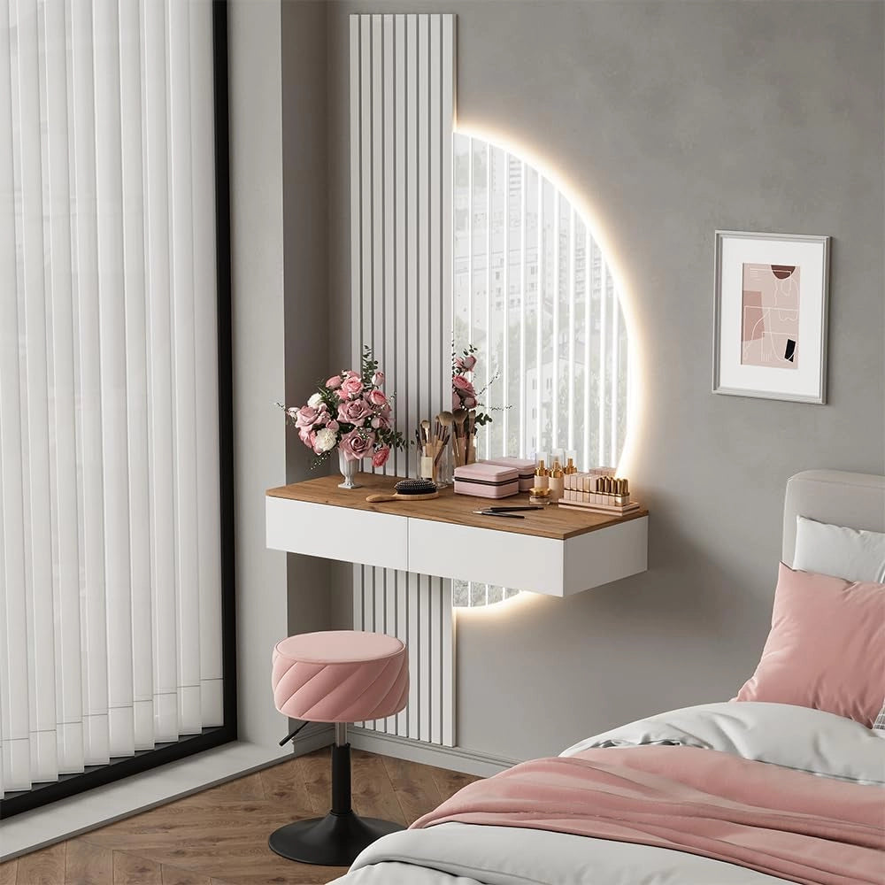 Vicco Tavolo da toeletta Melina, Bianco/quercia, 100 cm con specchio a LED