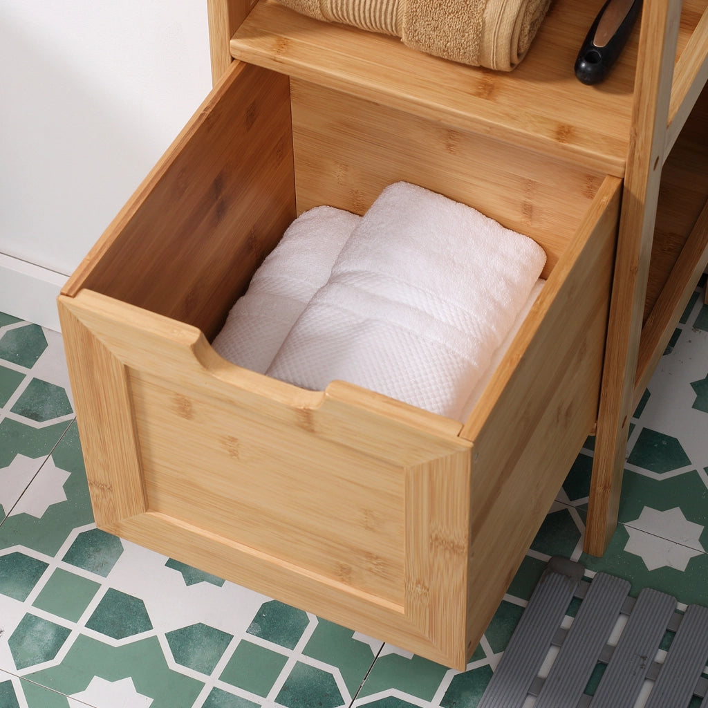 Mobile bagno in bambù con 2 cassetti e ripiano aperto, salvaspazio, con dispositivo antiribaltamento, 30x30x90 cm