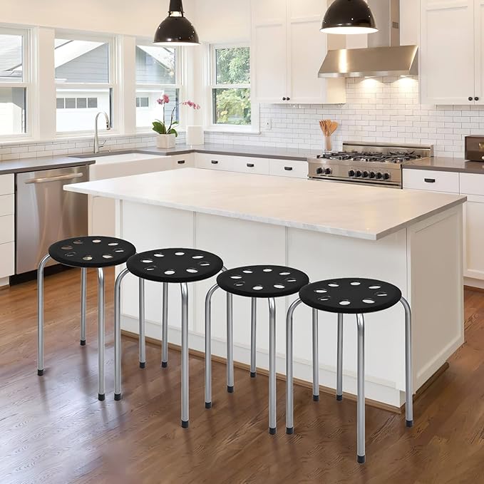 Set di 6 Sgabello Tondo Impilabile in Metallo, Sgabello Cucina Basso per Bambini Adulti, Sgabelli da Bar Casa Ufficio Aule, 30 x 30 x 44,5 cm (Nero + Grigio)