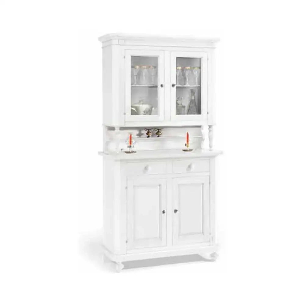 Cristalliera 4 ante 2 cassetti arte povera in legno massello e mdf con rifinitura in bianco 113x47x213 H