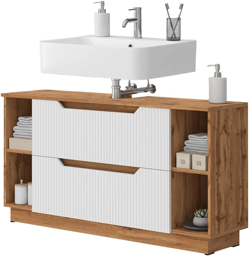 Mobile sottolavabo per bagno Lotta, Rovere/bianco a strisce, 119.2 x 62.5 cm con 2 cassetti