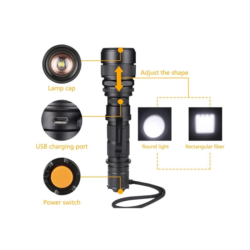 Torcia Portatile Ricaricabile Zoomabile Tattico Campeggio Sport Impermeabile 5 modalita di luce