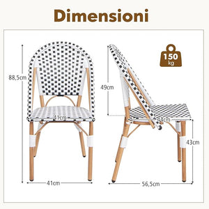 Set di 2 Sedie da Bistrot, Sedia da Pranzo Senza Braccioli con Rattan Intrecciato, Sedia da Giardino con Telaio in Metallo Zincato, Portata 150 kg, 56,5 x 41 x 88,5 cm