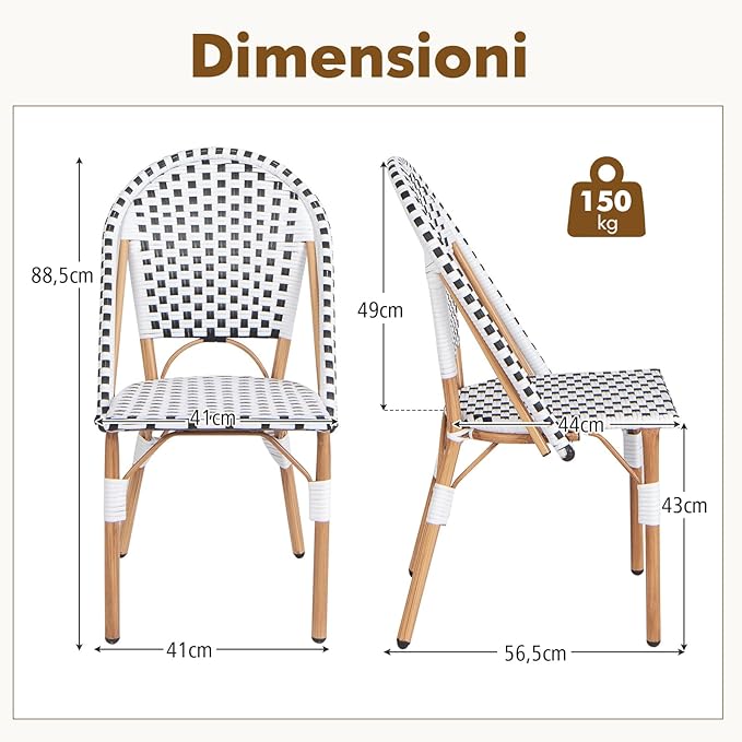 Set di 2 Sedie da Bistrot, Sedia da Pranzo Senza Braccioli con Rattan Intrecciato, Sedia da Giardino con Telaio in Metallo Zincato, Portata 150 kg, 56,5 x 41 x 88,5 cm