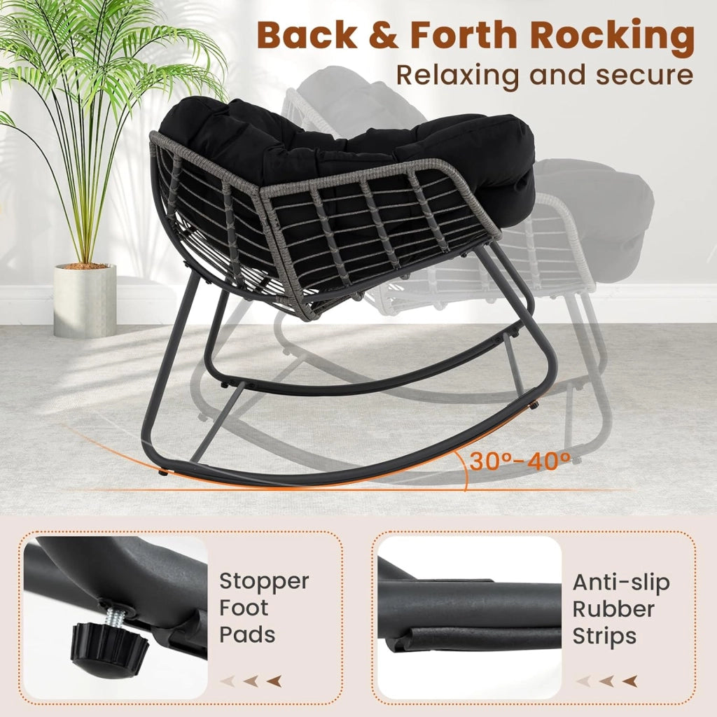 Sedia a Dondolo con Cuscino, Sedia da Relax Ampia e Avvolgente, con Struttura in Metallo, Seduta in Rattan, Cuscino Morbido Imbottito, per Soggiorno, Studio, Balcone, Nero (Nero)