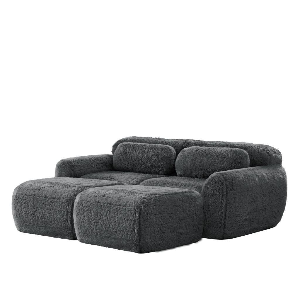 Divano modulare 2 posti grigio in peluche, con 2 pouf collegabili