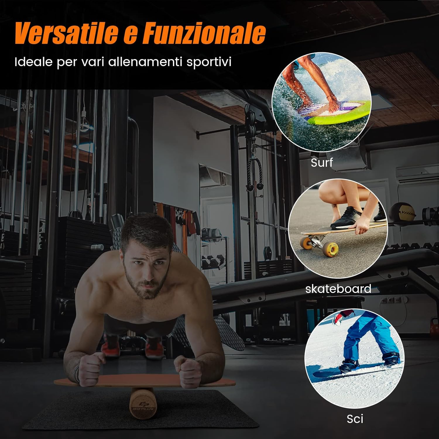 Balance Board in Legno, Tavola di Equilibrio con Rullo e Tappetino per Allenamento Skateboard Hockey Snowboard Surfing, Attrezzi 3 in 1 per Esercizi Equilibrio e Tonificazione Core (Arancione)