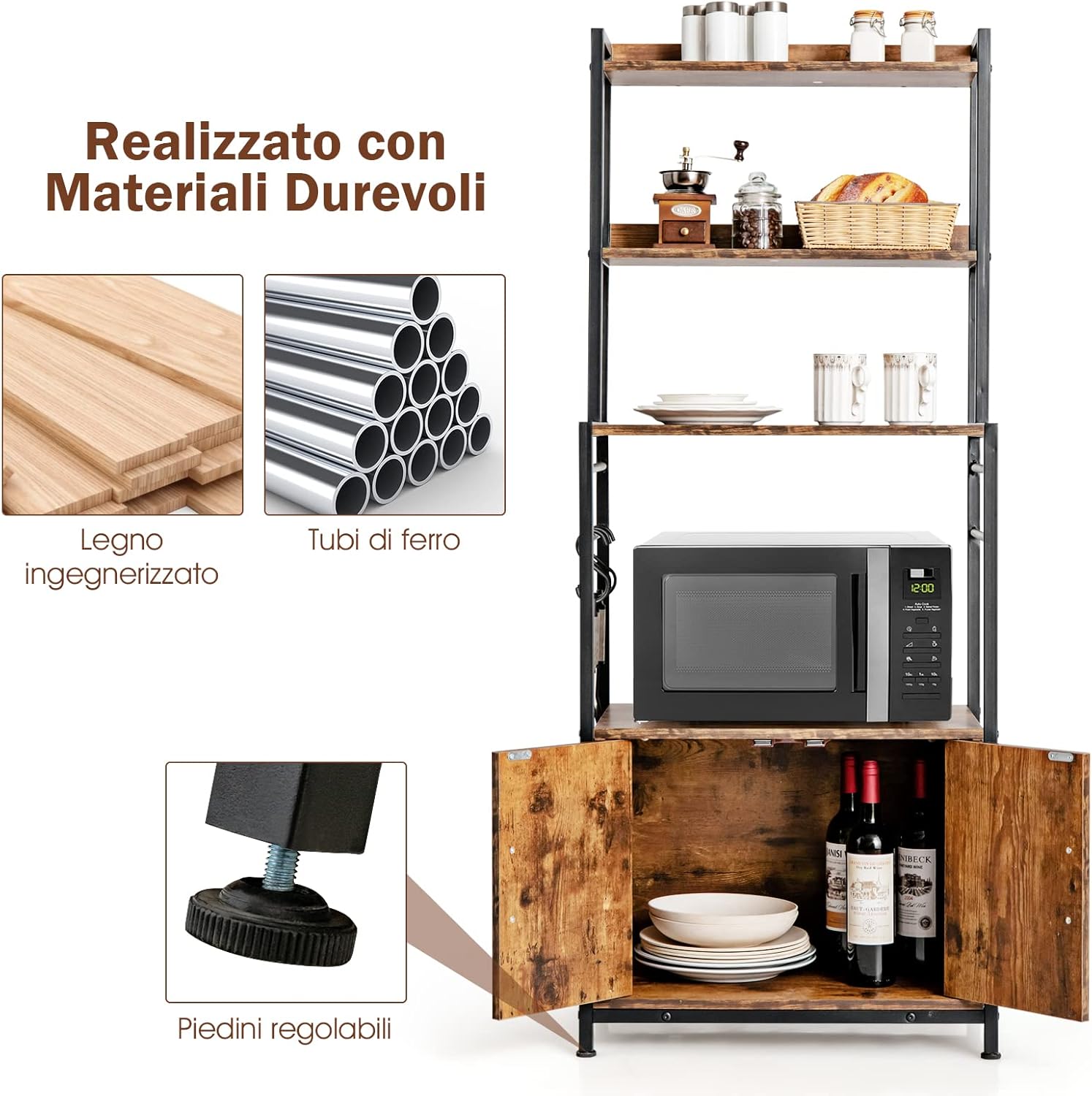 Scaffale con 4 Livelli per Cucina con Armadio e Credenza, Supporto Industriale per Forno Microonde, con Ganci e Piedini Regolabili, Ideale per Cucina e Sala da Pranzo, 60 x 40 x 150 cm
