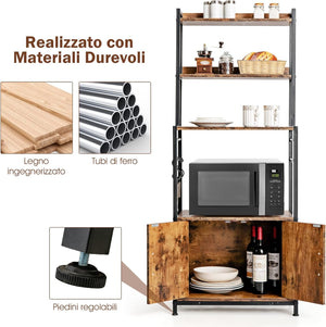 Scaffale con 4 Livelli per Cucina con Armadio e Credenza, Supporto Industriale per Forno Microonde, con Ganci e Piedini Regolabili, Ideale per Cucina e Sala da Pranzo, 60 x 40 x 150 cm