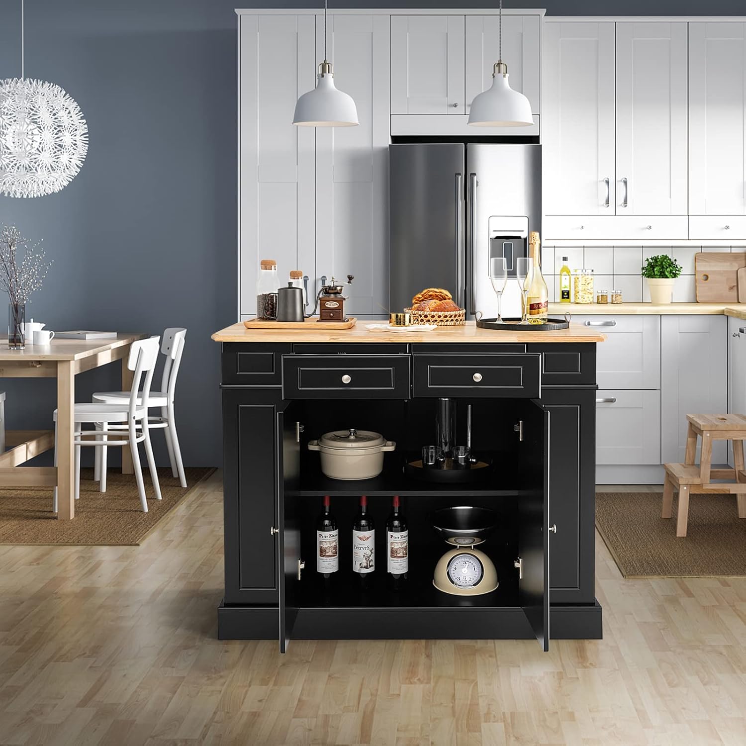 Credenza da Cucina in Legno, Isola da Cucina con Contenitore, con Ripiani Regolabili a 3 Livelli, 120 x 61 x 92 cm, Carico 200 kg (Nero)