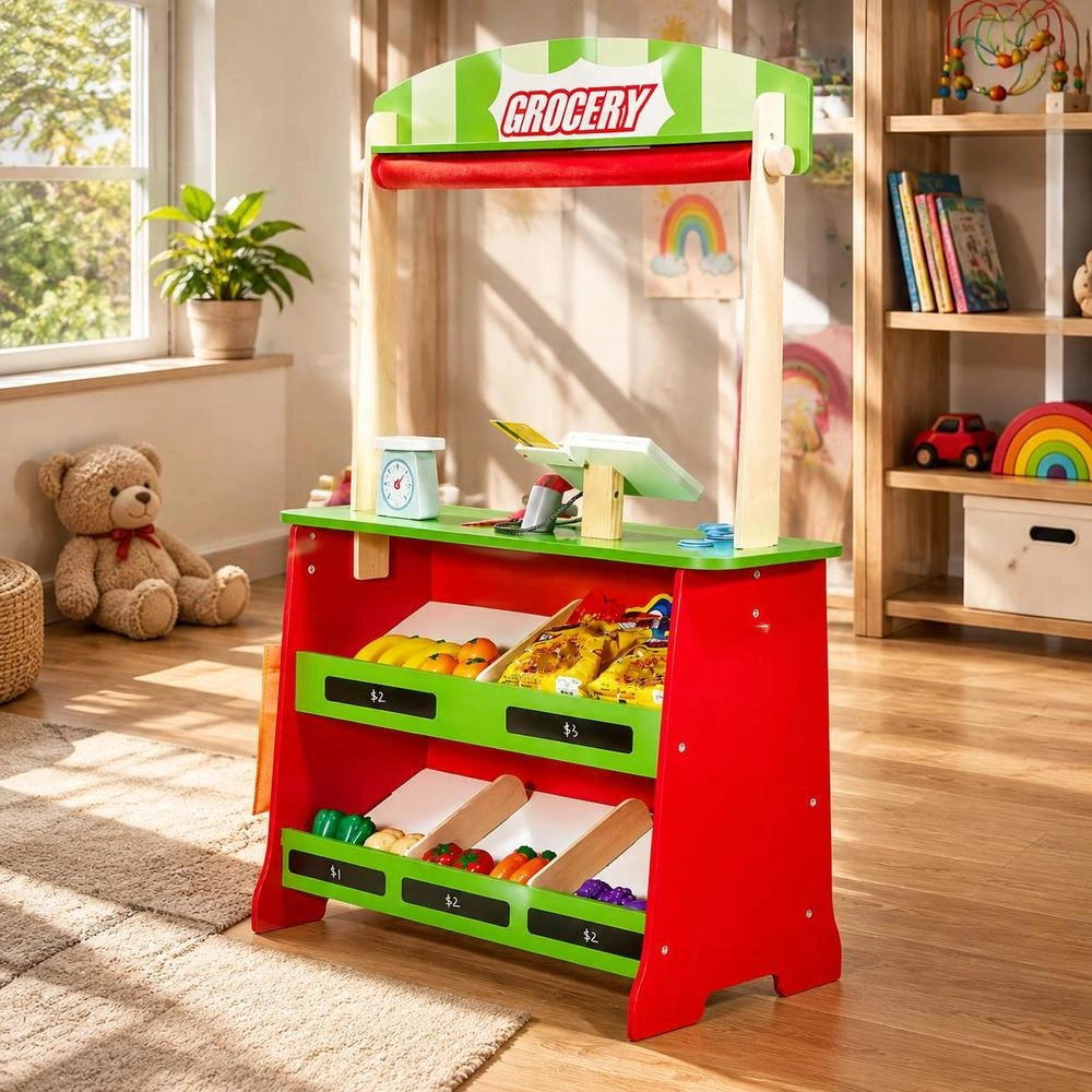 2-in-1 Playset: Wooden Puppet Theatre With Curtains, Shop, Double-Sided Wooden Game With Chalkboard And Cash Register, Market Stall For Role-Playing For Children Ages 3 And Up