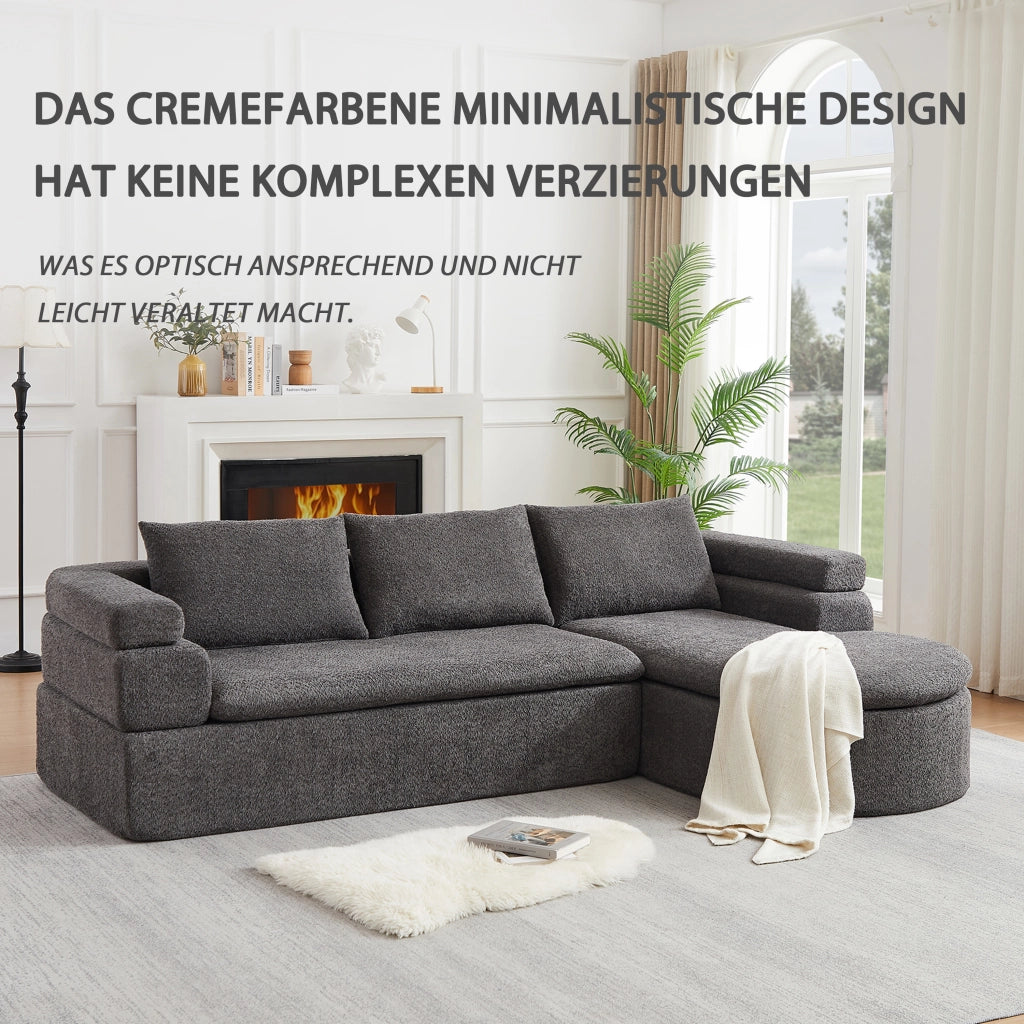 Divano angolare con chaise longue in chenille con bracciolo a gradini e schienali imbottiti grigio antracite