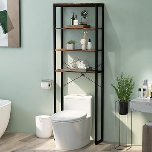 Scaffale Bagno 60 x 24 x 177 cm, Mobile Bagno Salvaspazio con 4 Ripiani in Legno e Telaio in Metallo, Mobiletto sopra Gabinetto per Soggiorno e Balcone, Nero e Marrone
