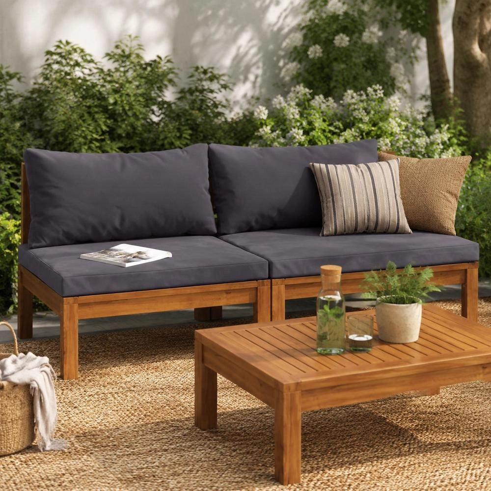 Modular Center Sofa With Dark Grey Cushions, Solid Acacia Wood