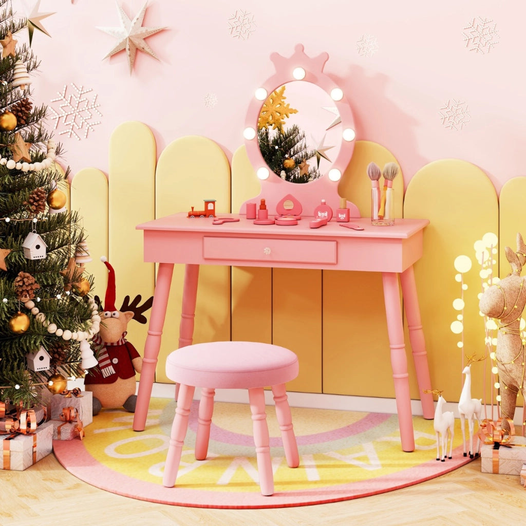 Set da trucco per bambini con specchio illuminato, Set di trucco per principesse con tavolo e sedia regolabili Rosa-Toelette per bimbi