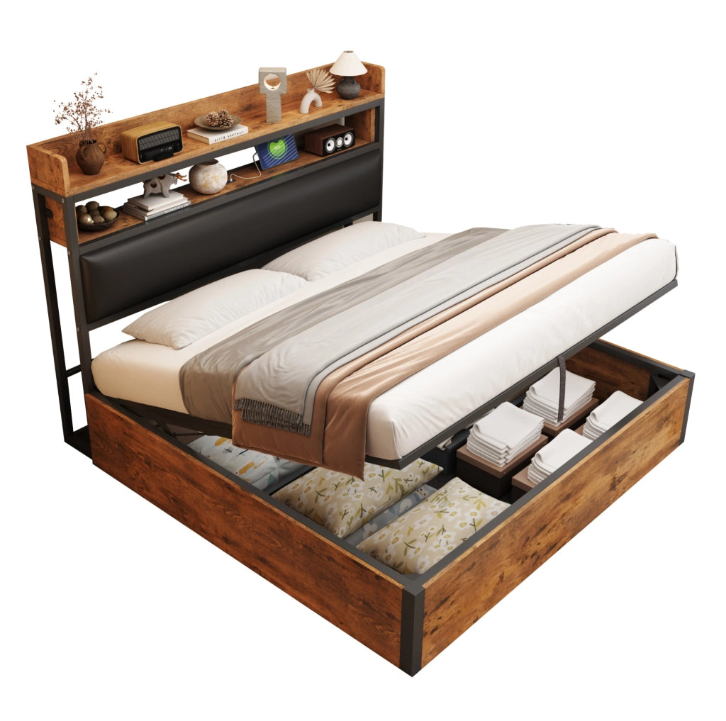 Letto 180x200 cm nero metallo e legno con vano contenitore e USB