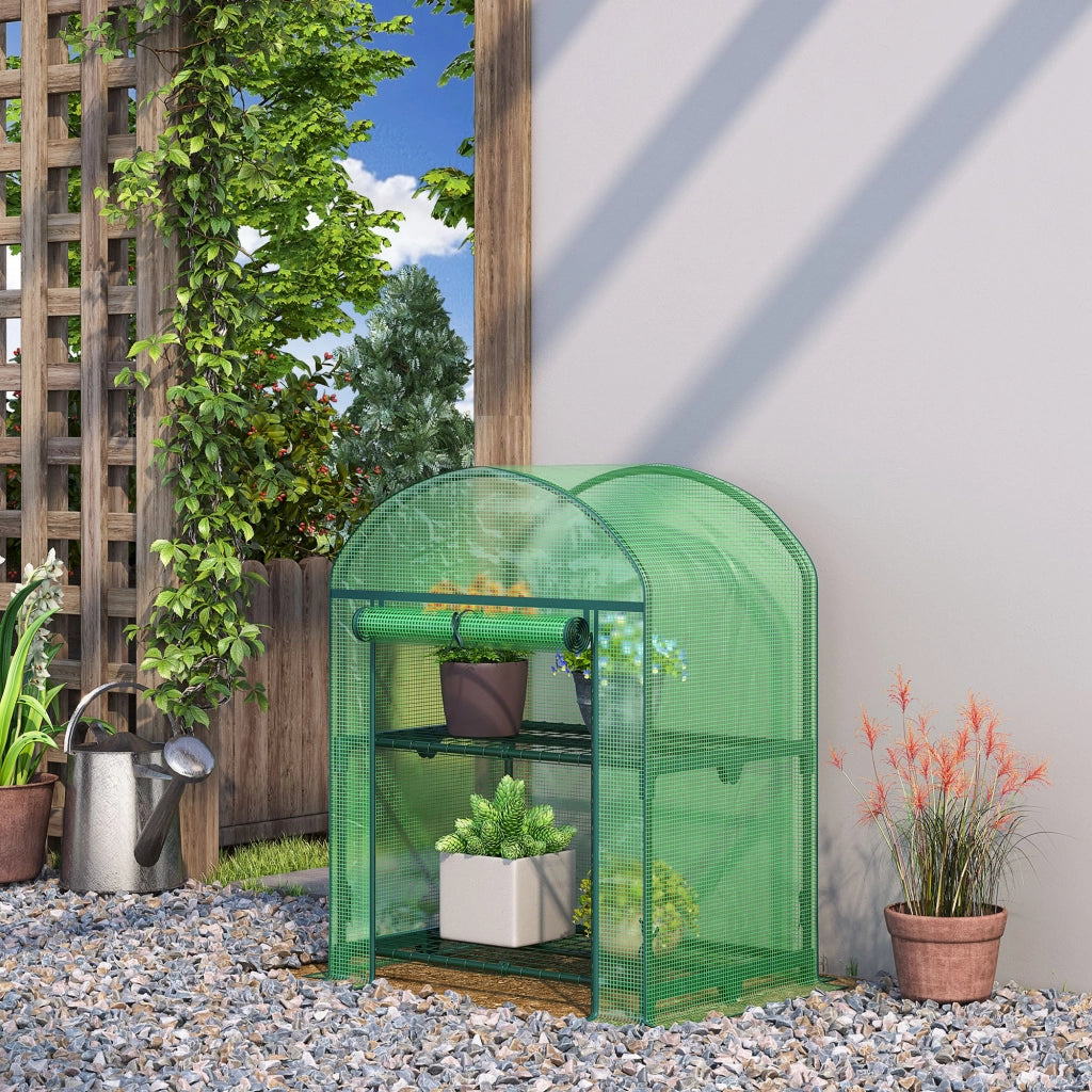 Mini Serra da Giardino con 2 Ripiani in Metallo e Copertura in PE, 69x49x92cm, Verde