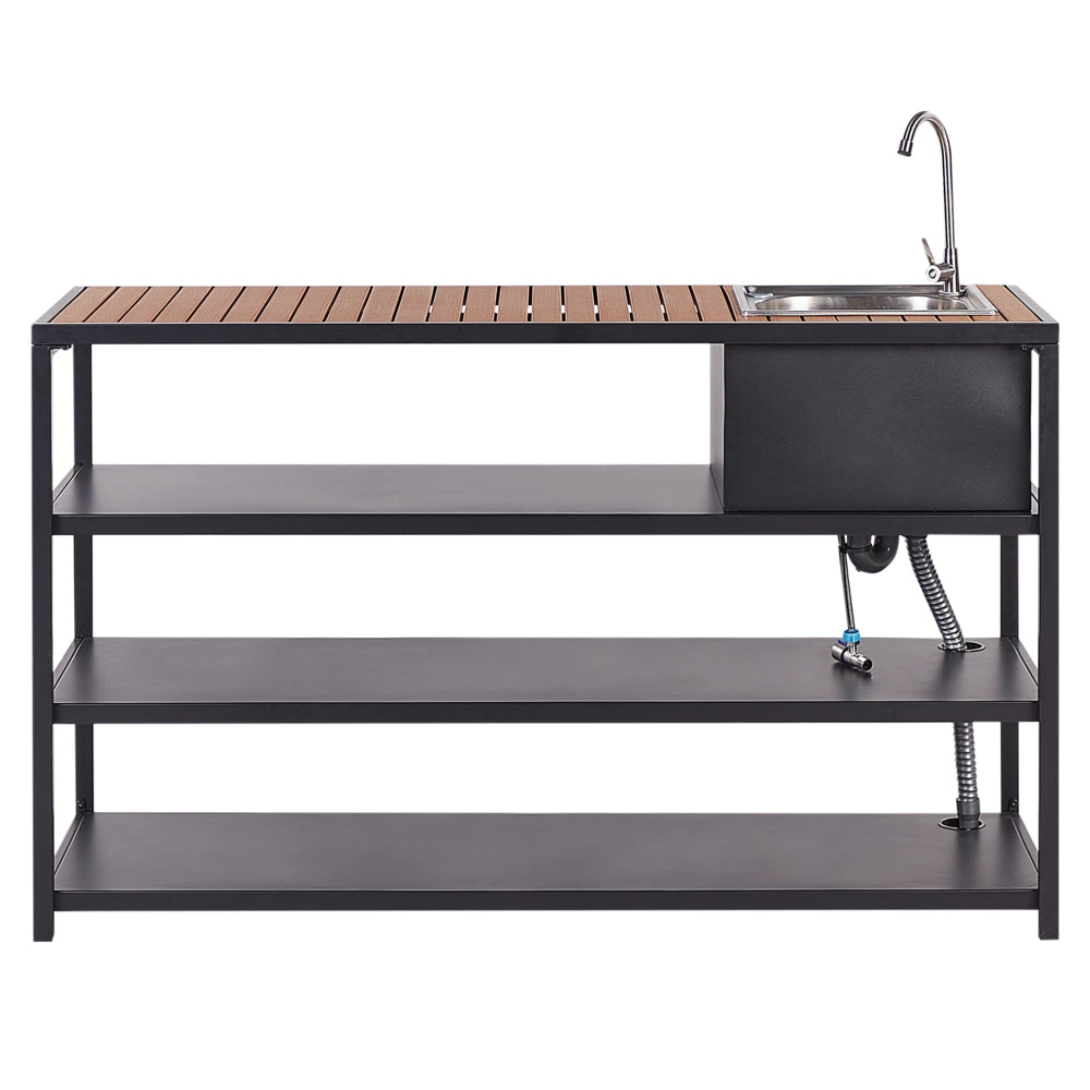 Isola da giardino con lavello a leva singola Ripiani in acciaio Piano in legno chiaro 159 x 50 x 91 cm Nero cucina da esterno