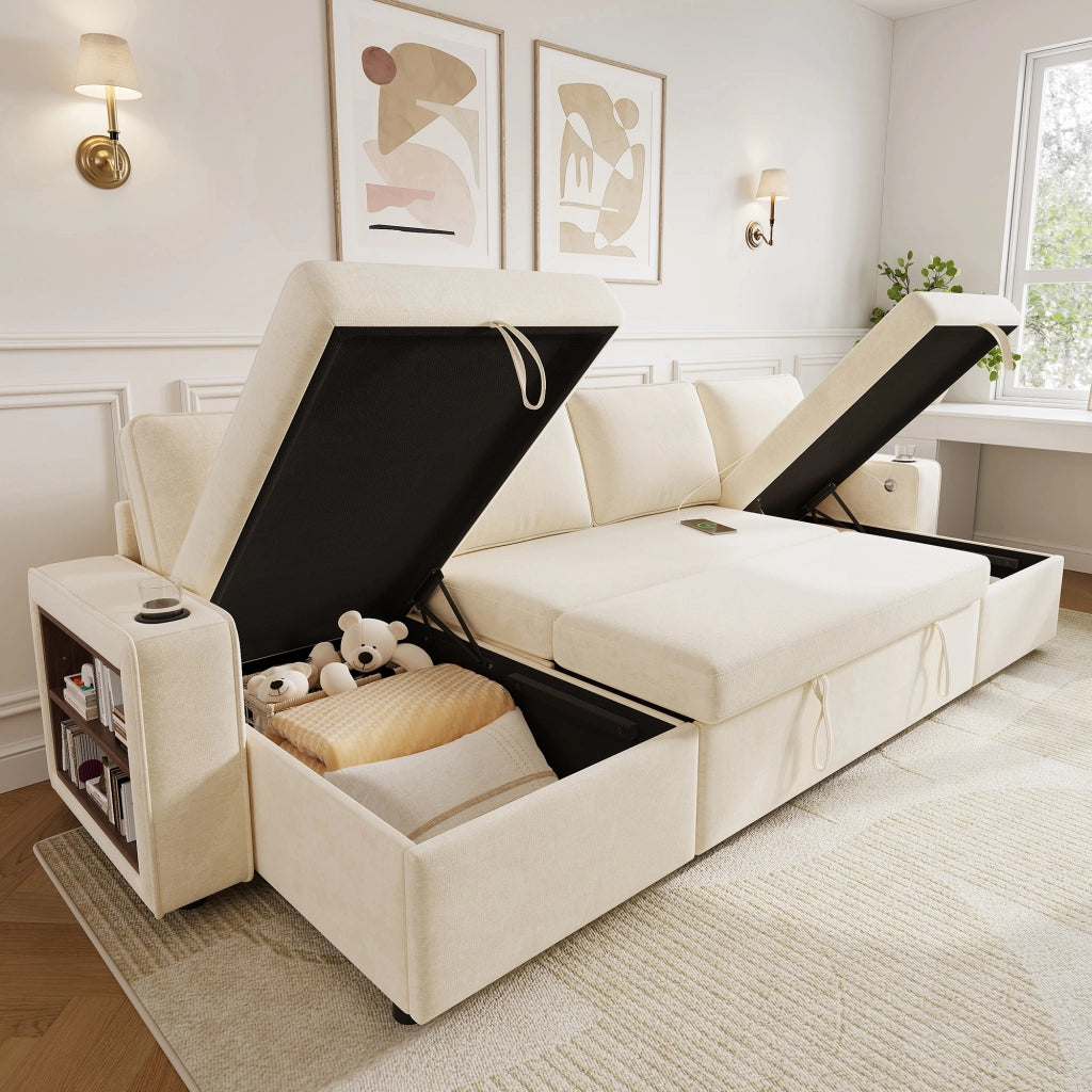 Divano Angolare con Funzione Letto ¨C MINIMAL ¨C Beige, Chaise Longue, Contenitore, USB