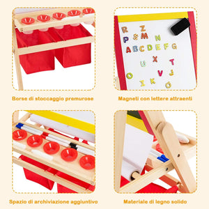 Cavalletto per Bambini 3 in 1, Lavagna Bifacciale, Cavalletto per Disegnare, con Rotolo di Carta, Magnetica, Accessori Completi, in Legno (52,5x51,5x106,5cm)