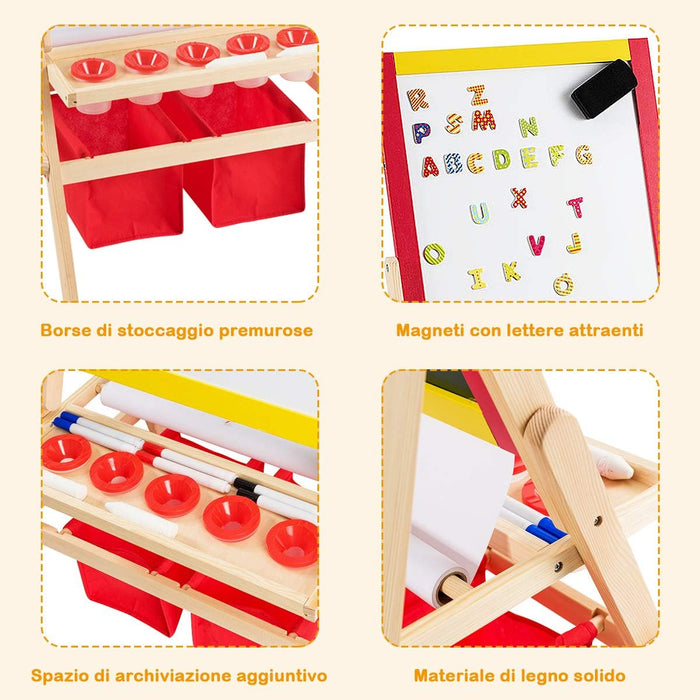 Cavalletto per Bambini 3 in 1, Lavagna Bifacciale, Cavalletto per Disegnare, con Rotolo di Carta, Magnetica, Accessori Completi, in Legno (52,5x51,5x106,5cm)