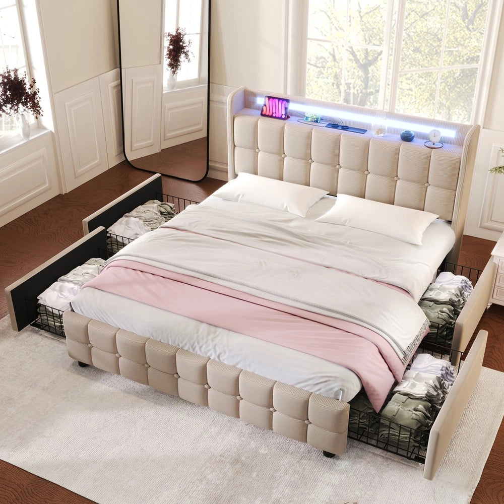 Letto Imbottito Contenitore con LED e USB ¨C MINIMAL ¨C 160x200, Beige, 4 Cassetti, Doghe in Legno