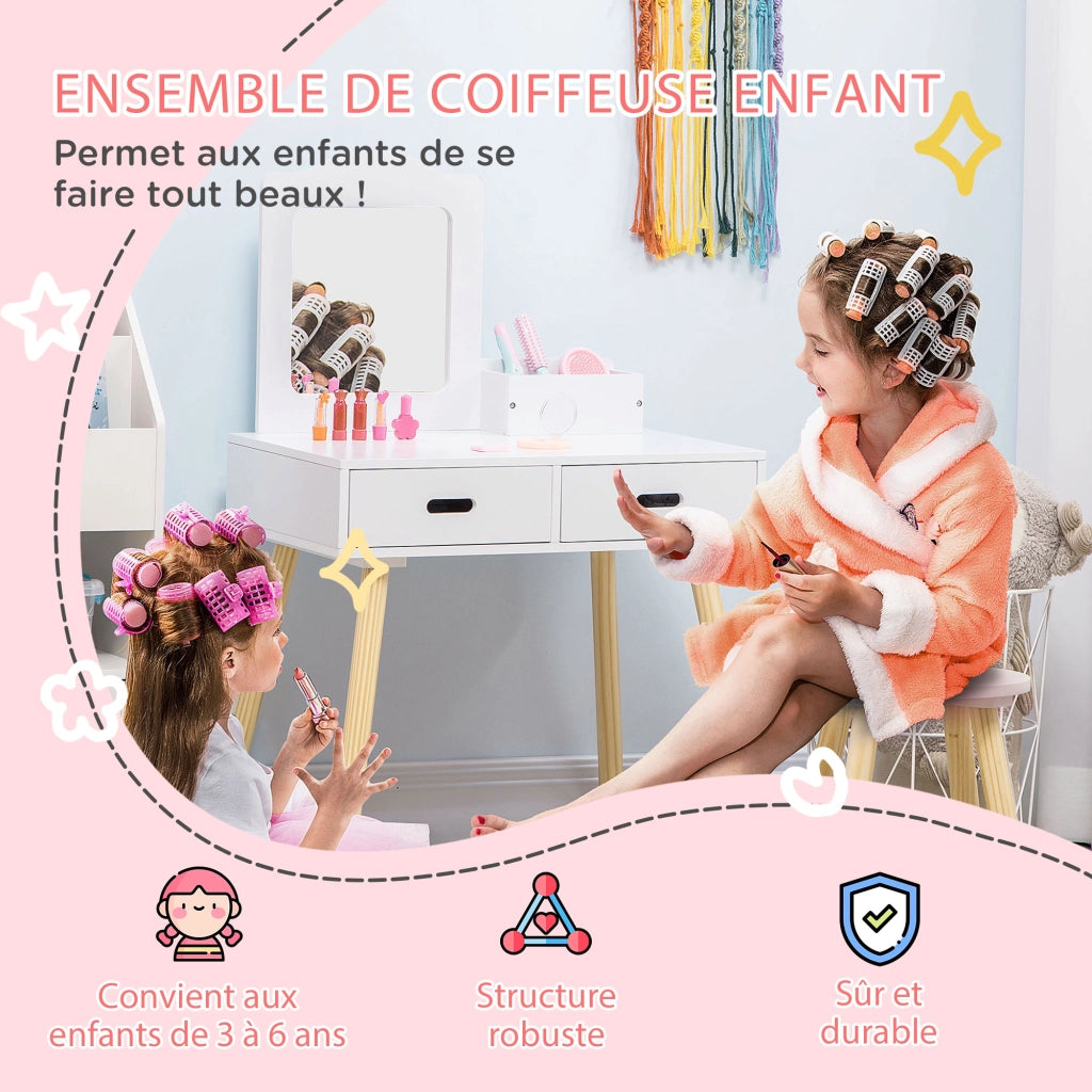 Tavolo da trucco bambini con specchio e 2 cassetti ¨C zephmum ¨C bianco e legno 60x40x95 cm