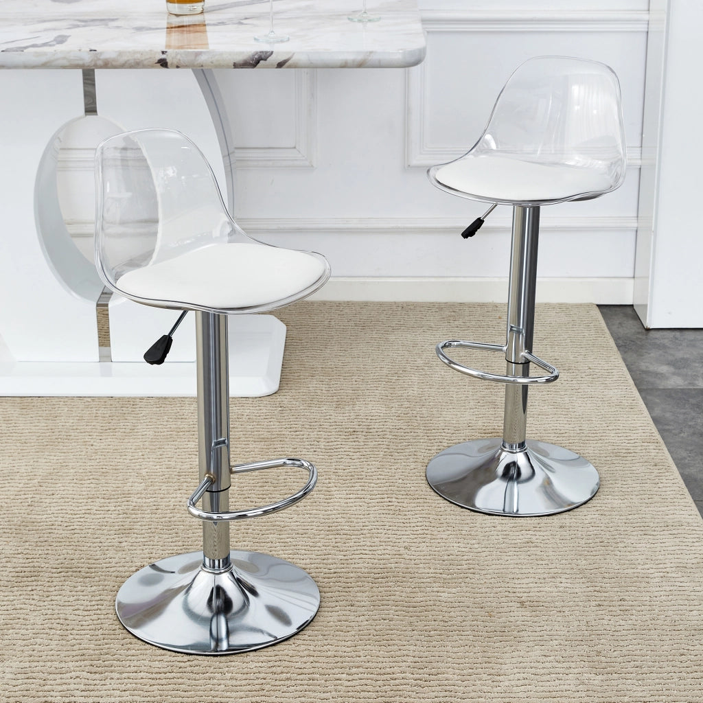 Set di 2 Sgabelli da Bar; Altezza Regolabile; Seduta Girevole; Schienale Trasparente; Poggiapiedi; Metallo e Plastica; Bianco e Argento