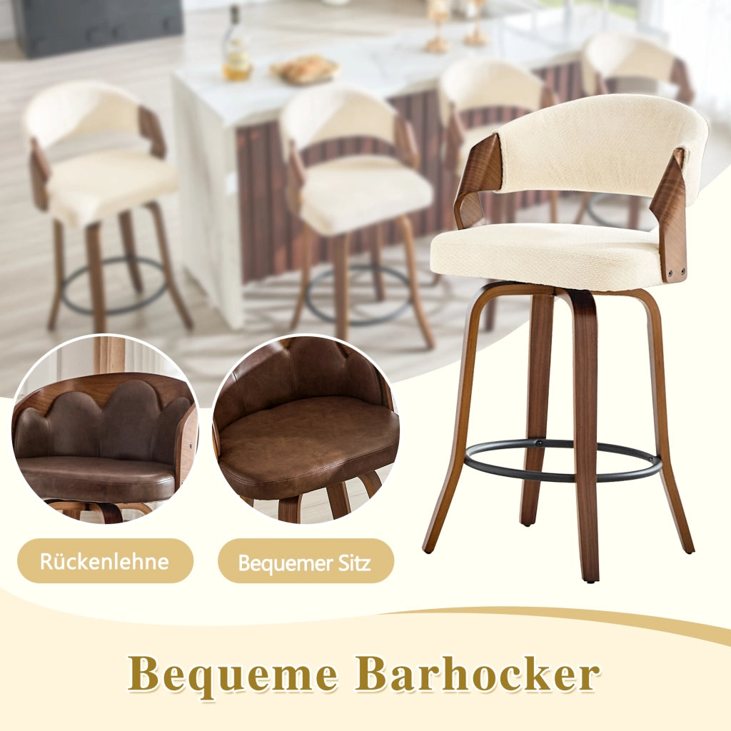 Sgabello da bar set da 2 con schienale e anello poggiapiedi, in legno e tessuto bianco 66 × 56 × 55 cm