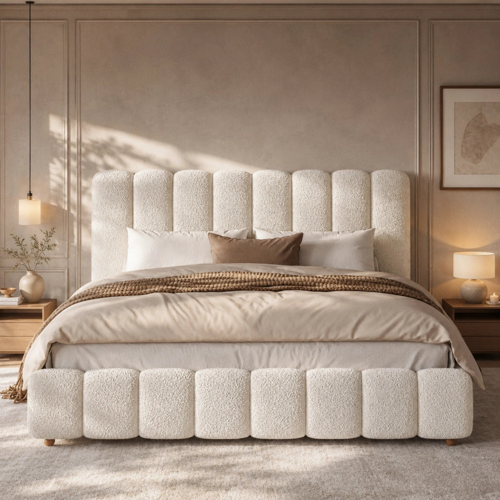 letto imbottito bouclé bianco 196 x 218 cm