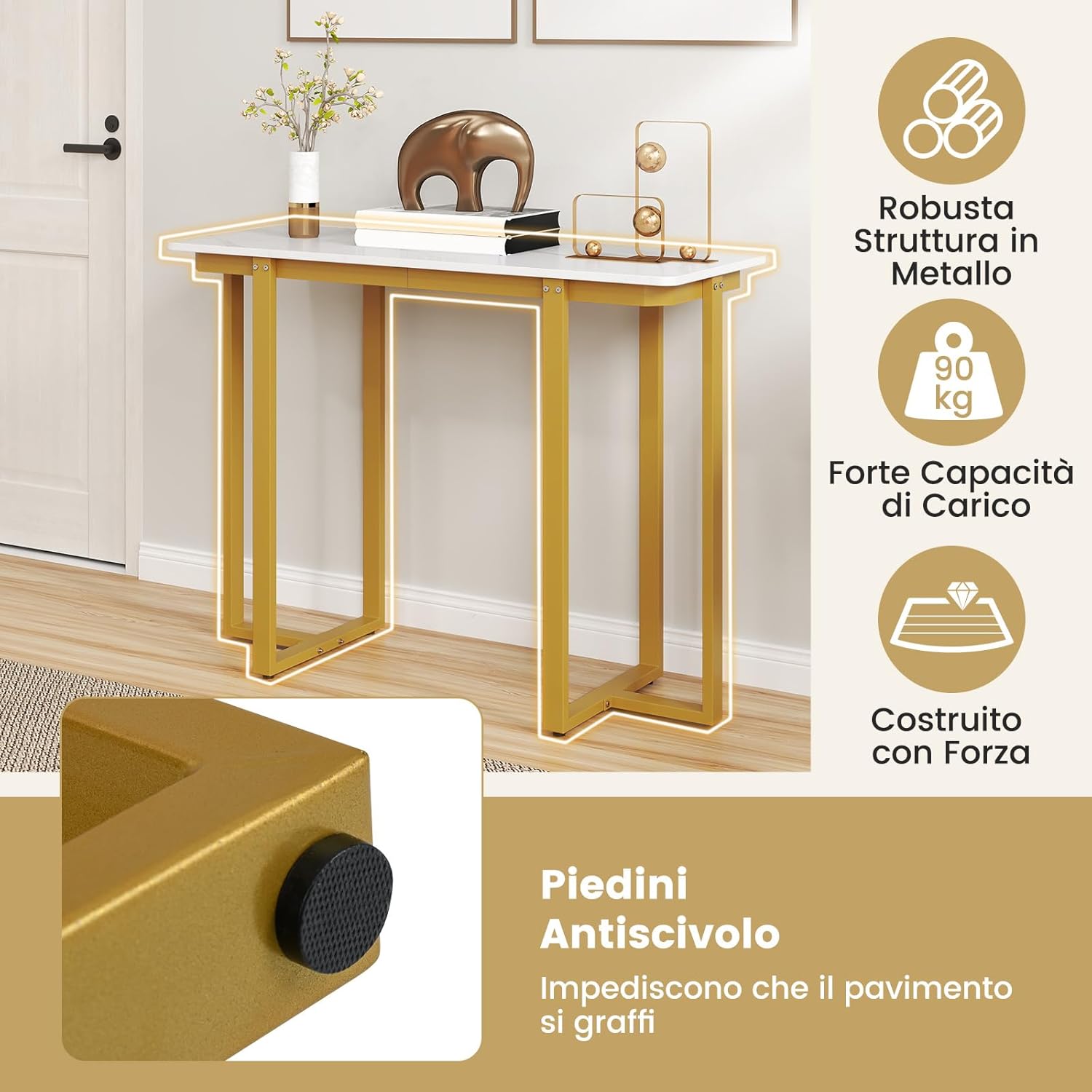 Tavolo Consolle, Tavolo d'Ingresso Moderno in Marmo Finto con Telaio Geometrico in Metallo, Tavolo Stretto per Soggiorno, Corridoio e Ingresso, 107 x 40 x 79,5 cm (Oro e bianco)