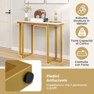 Tavolo Consolle, Tavolo d'Ingresso Moderno in Marmo Finto con Telaio Geometrico in Metallo, Tavolo Stretto per Soggiorno, Corridoio e Ingresso, 107 x 40 x 79,5 cm (Oro e bianco)