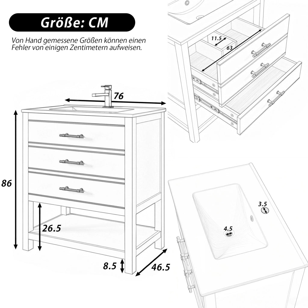 Mobile sottolavabo con lavabo in ceramica, 2 cassetti e vano aperto in MDF laccato bianco oro 76 × 46,5 × 86 cm