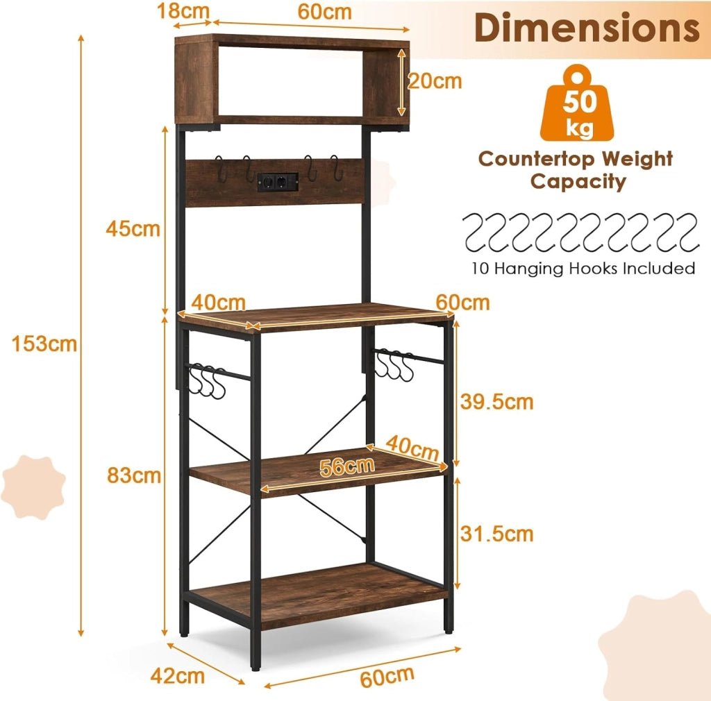 Scaffale da cucina con stazione di ricarica, scaffale per microonde con ripiani aperti e 10 ganci per appenderla, industriale con telaio in acciaio, per cucina, sala da pranzo, 60 x 42 x 153