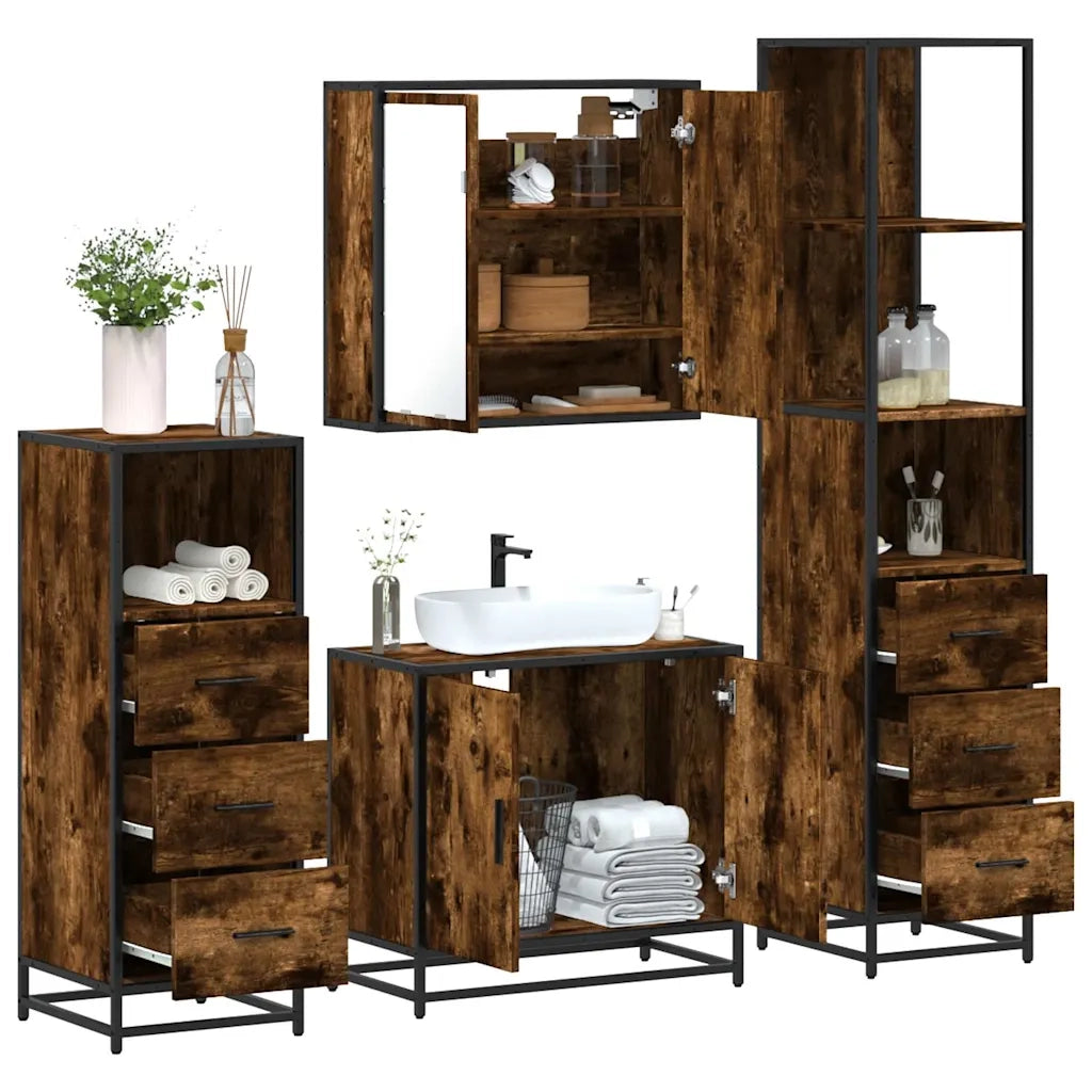 Set Mobili da Bagno 4 pz Rovere Fumo in Legno Multistrato