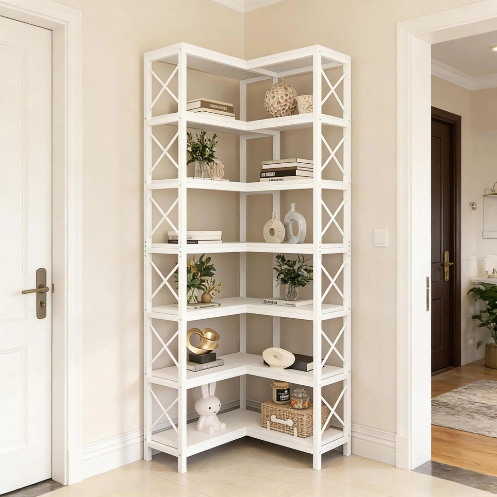Scaffale angolare 117x29x30 cm bianco metallo e legno, 14 vani