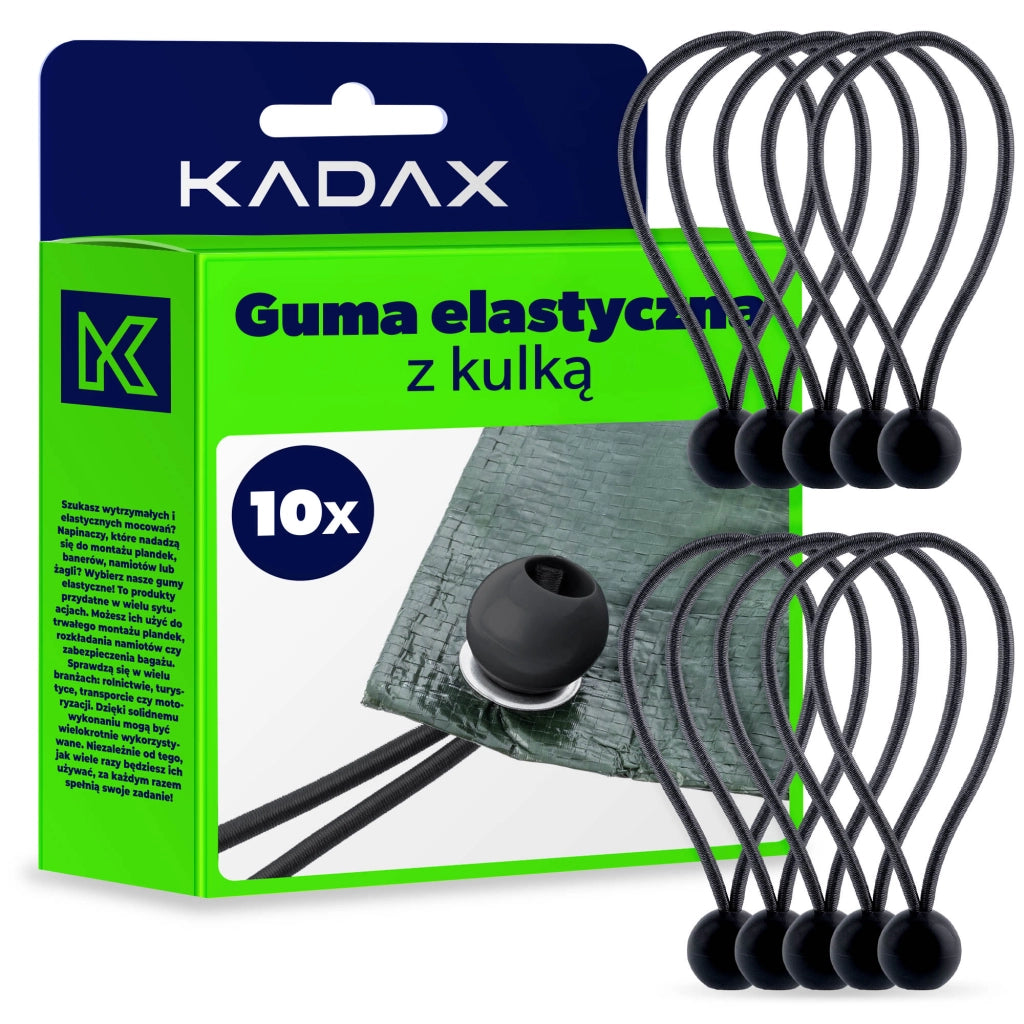 Set di 10 elastici con sfere KADAX per il fissaggio di teloni. Elastici per teloni da 15 cm, resistenti.